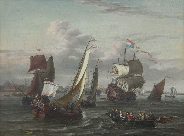 Johannis de Blaauw | Schepen op het IJ bij Amsterdam, olieverf op doek, 48,3 x 64,5 cm