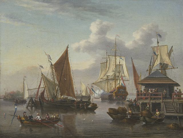 Johannis de Blaauw | Gezicht op het IJ bij Amsterdam met een van de bothuisjes, olieverf op doek, 48,3 x 64,5 cm