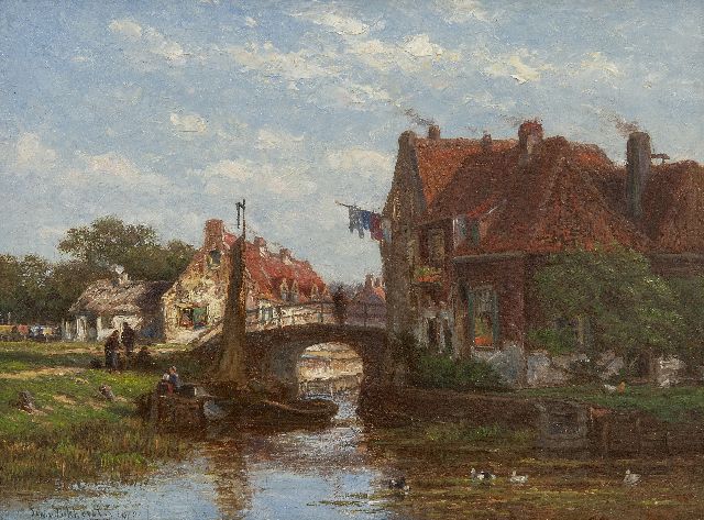 Jan van Lokhorst | Dorpsvaart met afgemeerde schepen, olieverf op paneel, 17,9 x 23,9 cm, gesigneerd l.o. en gedateerd 1870