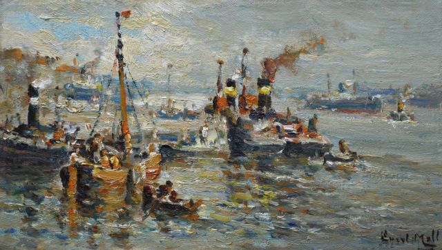 Evert Moll | Havengezicht met slepers, olieverf op doek, 20,5 x 35,2 cm, gesigneerd r.o.