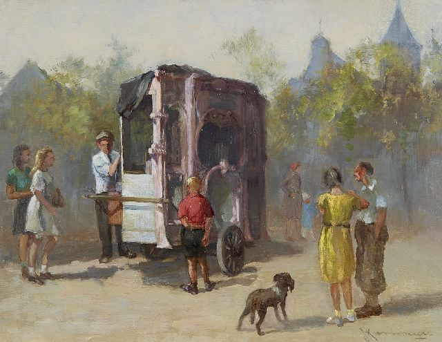 Johan Hendrik Kaemmerer | Het draaiorgel, olieverf op paneel, 21,6 x 27,8 cm, gesigneerd r.o.