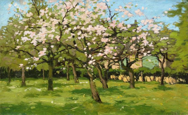 Derk Wiggers | Boomgaard in lentetooi, olieverf op doek, 38,8 x 61,6 cm