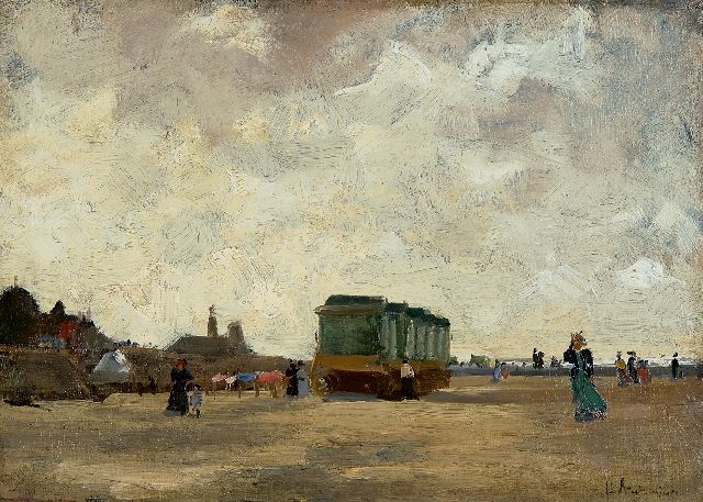 Arntzenius P.F.N.J.  | Winderige dag op het Scheveningse strand, olieverf op doek op paneel 23,1 x 33,5 cm, gesigneerd r.o.