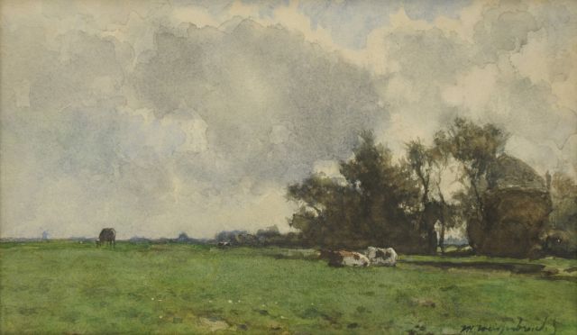 Jan Hendrik Weissenbruch | Rustende koeien bij een hooiberg, aquarel en gouache op papier, 22,3 x 36,8 cm, gesigneerd r.o.