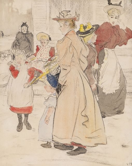 Willem Vaarzon Morel | De ontmoeting, krijt en aquarel op papier, 28,5 x 32,3 cm, gesigneerd r.o. met initialen