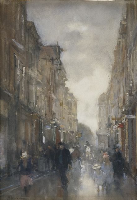 Floris Arntzenius | De Spuistraat, Den Haag, krijt, aquarel en gouache op papier, 40,6 x 28,6 cm, gesigneerd l.o.