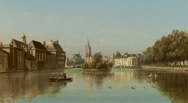 Johannes Josephus Destrée | De Hofvijver, Den Haag, olieverf op paneel, 19,6 x 33,9 cm, gesigneerd l.o. en gedateerd 1871