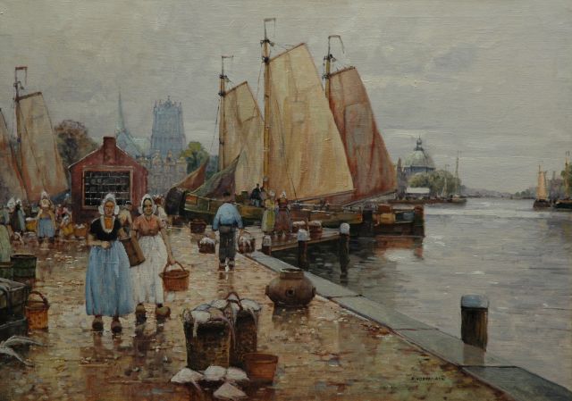 Hornemann R.  | Kade met aangemeerde zeilschepen, olieverf op doek 50,7 x 70,6 cm, gesigneerd r.o.