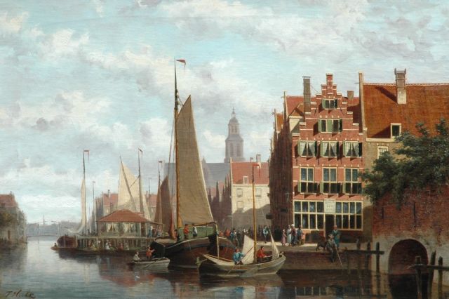 Johannes Frederik Hulk | Afgemeerde platbodems bij een losplaats, olieverf op doek, 56,3 x 81,3 cm, gesigneerd l.o.