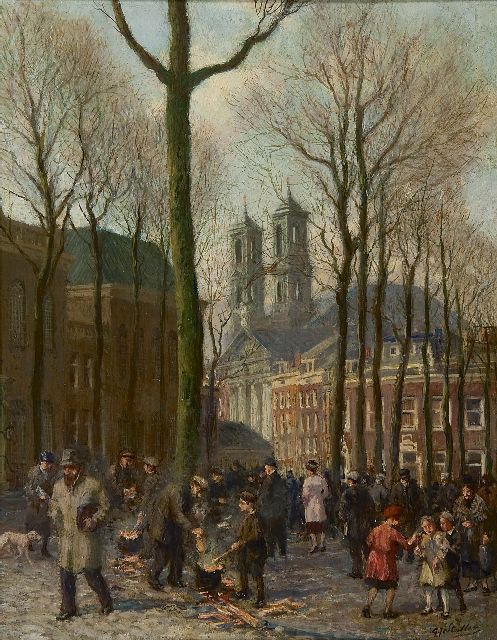 Gerard Johan Staller | Gezicht op het Jonas Daniël Meijerplein in Amsterdam, olieverf op paneel, 24,5 x 18,9 cm, gesigneerd r.o.