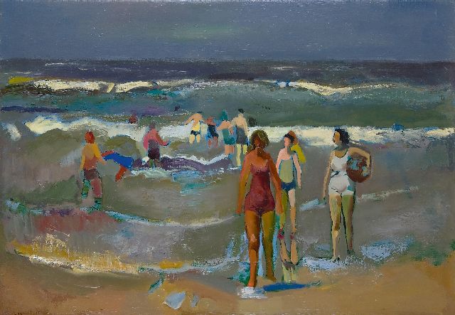Harrie Kuijten | Strand met baders, olieverf op doek, 44,4 x 64,8 cm, gesigneerd l.o.