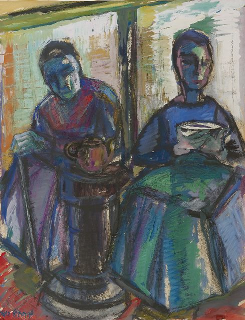 Eelsingh C.  | Vrouwen bij potkachel, zwart krijt en gouache op papier 64,3 x 49,2 cm, gesigneerd l.o. en te dateren 1950-1955