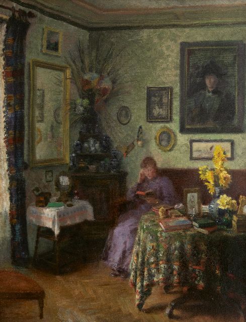 Hollandse School, begin 20e eeuw   | Interieur met lezende vrouw, olieverf op doek 85,4 x 66,4 cm