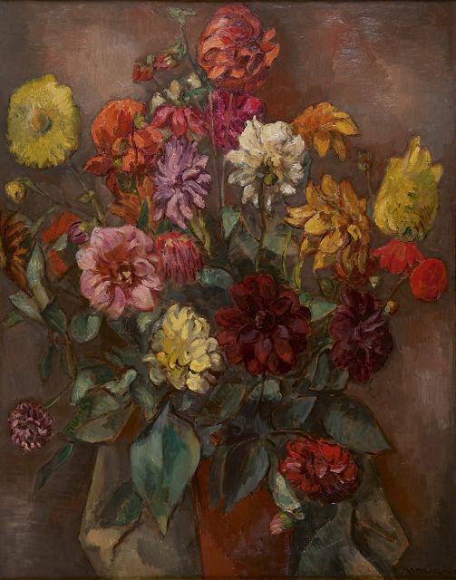 Matthieu Wiegman | Dahlia's, olieverf op doek, 92,7 x 73,3 cm, gesigneerd r.o.