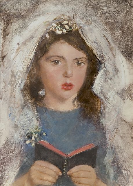 André Broedelet | Communicantje Emmetje de Leeuw, olieverf op schildersboard, 30,3 x 21,5 cm, gesigneerd r.m.