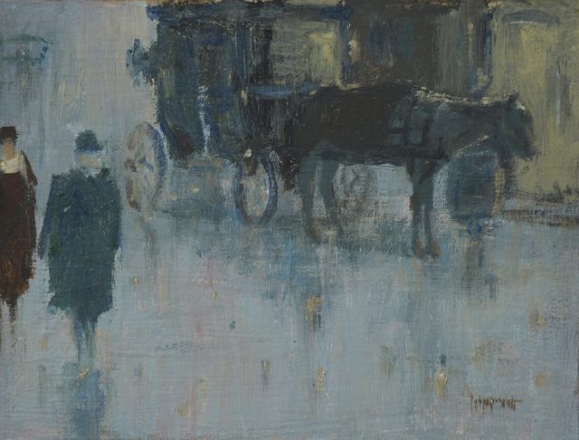 Joop Kropff | Wachten op passagiers, olieverf op doek op paneel, 18,4 x 23,8 cm, gesigneerd r.o.