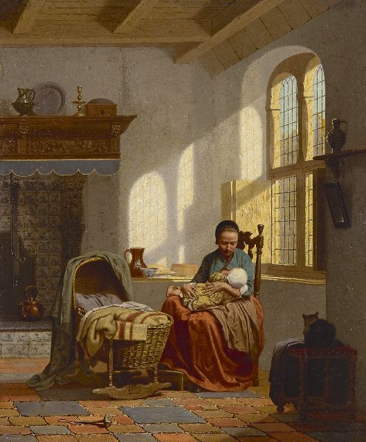 Carel Jozeph Grips | Het voeden van de baby, olieverf op paneel, 35,1 x 28,6 cm, gesigneerd r.o. en gedateerd 1861