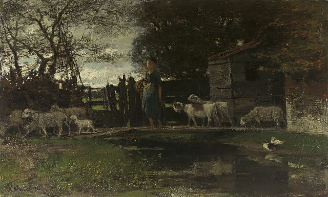Jacob Maris | Schapenhoedster met haar kudde, olieverf op doek, 23,8 x 37,8 cm, gesigneerd l.o. en gedateerd '72