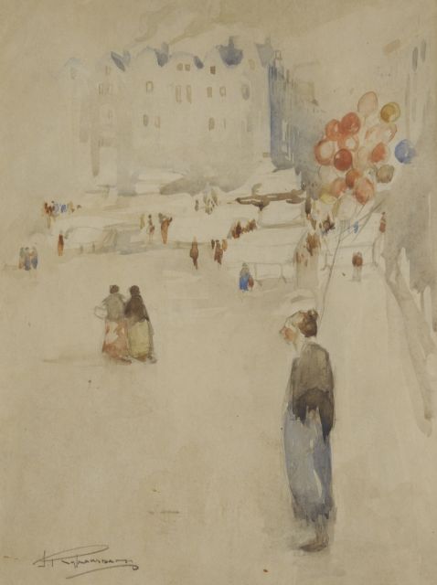 Jan Rijlaarsdam | De ballonverkoopster, potlood en aquarel op papier, 30,8 x 23,2 cm, gesigneerd l.o.