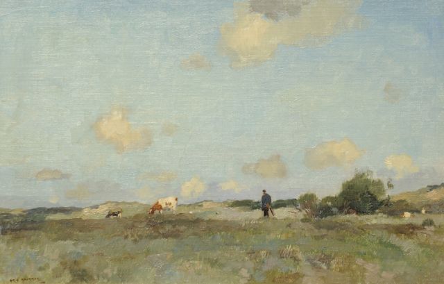 Aris Knikker | Boer met weidende koeien in duinlandschap, olieverf op doek op board, 24,0 x 36,5 cm, gesigneerd l.o. en te dateren ca.1920