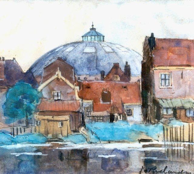 Jan Roelandse | De koepel in Haarlem, zwart krijt en aquarel op papier, 19,7 x 21,8 cm, gesigneerd r.o.