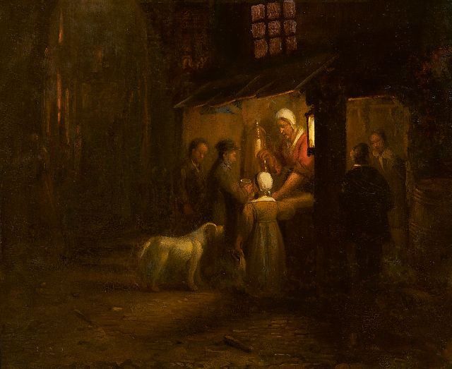 Gillis Haanen | Marktkraam met figuren bij kaarslicht, olieverf op paneel, 19,7 x 22,4 cm