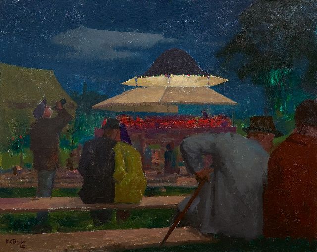 Bryson | Intiem genieten van het buitenconcert bij avond, olieverf op doek, 40,5 x 50,8 cm, gesigneerd l.o. en gedateerd 1956