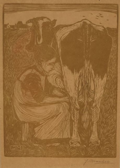 Mankes J.  | Koemelkster, houtsnede op papier 19,1 x 14,2 cm, gesigneerd r.o. voluit (in potlood) en met mon. in het blok en zonder lijst