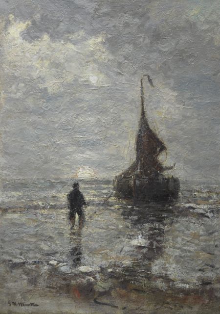 Morgenstjerne Munthe | Voor anker in de branding, olieverf op doek, 52,2 x 37,3 cm, gesigneerd l.o. en te dateren ca. 1875