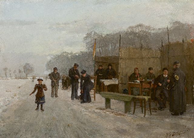 Johannes Gerardus Heijberg | Bij de koek-en-zopietent op het ijs, olieverf op doek, 35,0 x 48,4 cm, gesigneerd r.o.