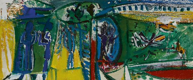 Roelof Frankot | Figuren in een tuin, olieverf op doek, 30,2 x 70,4 cm