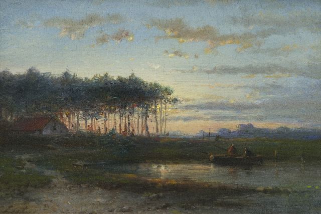Cornelis Lieste | Avondlandschap met vissers in een bootje, olieverf op paneel, 13,1 x 18,7 cm, gesigneerd l.o.