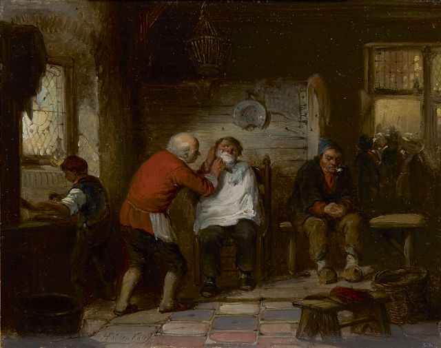 Herman ten Kate | Bij de barbier, olieverf op paneel, 16,8 x 21,1 cm, gesigneerd l.o.