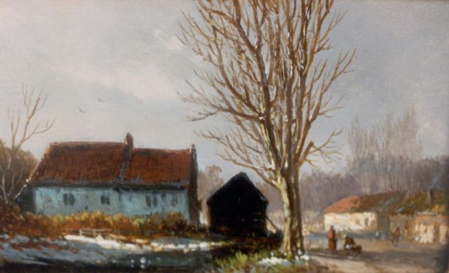 Adrianus Eversen | Gezicht op buurtschap met figuren, olieverf op paneel, 8,7 x 14,4 cm, gesigneerd r.o. monogram