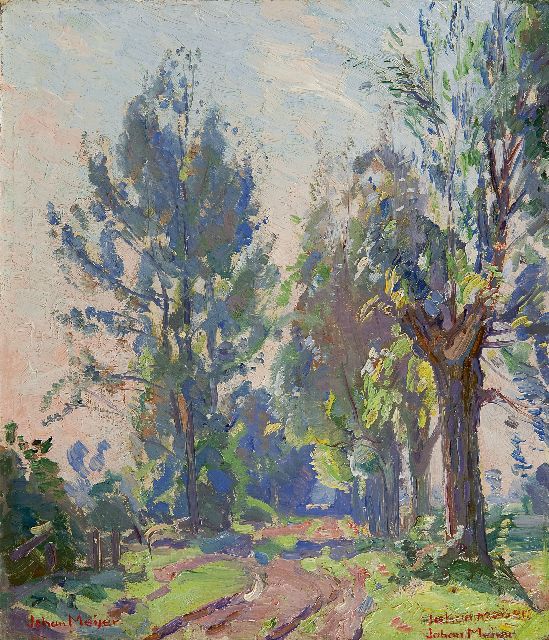 Meijer J.  | Bomen langs een pad, olieverf op schildersboard 26,6 x 23,2 cm, gesigneerd l.o. en 2 x r.o.