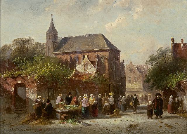 Charles Leickert | Drukbevolkt dorpsplein, olieverf op paneel, 16,9 x 23,2 cm, gesigneerd l.o.