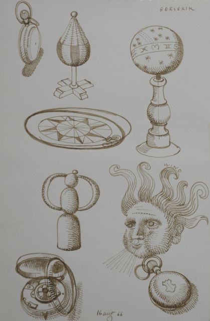 Berserik H.  | Zonnewijzers en horloges, pen en sepia op papier 23,7 x 15,8 cm, gesigneerd r.b. en gedateerd 16 aug '66