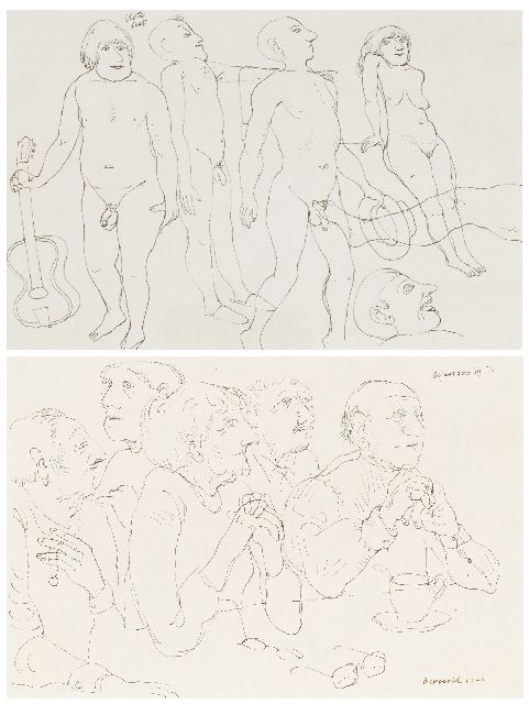 Herman Berserik | Bejaarden bij T.V.; verso: blote beat, pen en inkt op papier, 15,8 x 23,7 cm, gesigneerd r.o. en gedateerd 1966