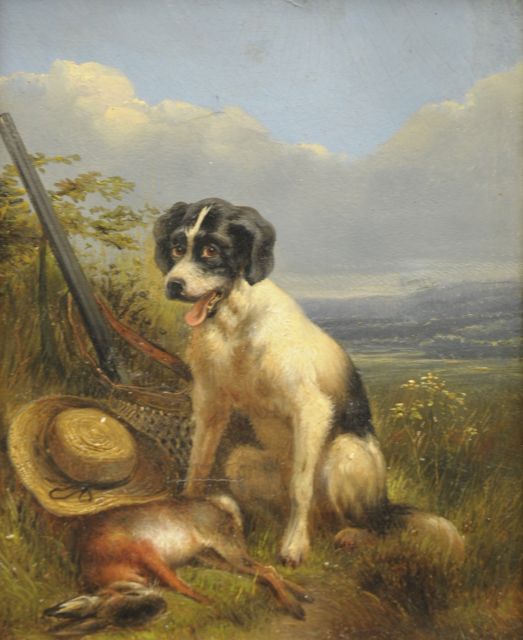 Knip/Ronner-Knip A./H.  | Jachthond met buit, olieverf op doek 20,5 x 16,5 cm