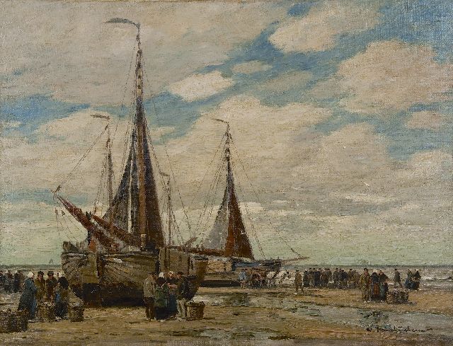 Wilhem Hambüchen | Visafslag op het strand van Katwijk, olieverf op doek, 61,0 x 81,0 cm, gesigneerd r.o.