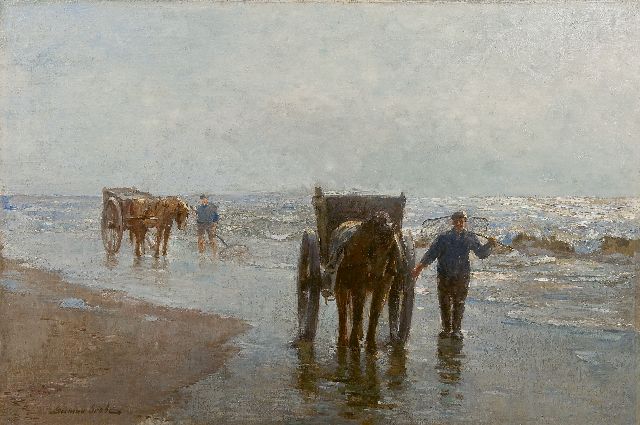 German Grobe | Garnalenvissers op het strand van Katwijk, olieverf op doek, 50,4 x 74,4 cm, gesigneerd l.o.