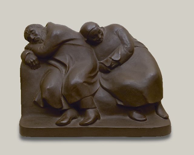 Ernst Barlach | Slapende vagebonden (Slapend boerenpaar), Böttger-steengoed, 29,8 x 41,0 cm, gesigneerd met naamstempel op zijkant en te dateren 1956