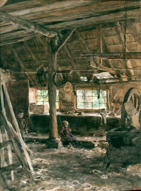 Willem Bastiaan Tholen | Schommelen in de werkplaats, aquarel op papier, 55,0 x 41,5 cm, gesigneerd r.o.
