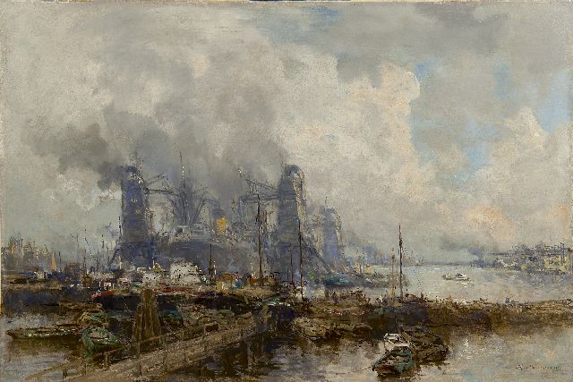 Johan Hendrik van Mastenbroek | Lichters in de Maashaven, Rotterdam, olieverf op doek, 47,4 x 71,2 cm, gesigneerd r.o. en gedateerd 1930