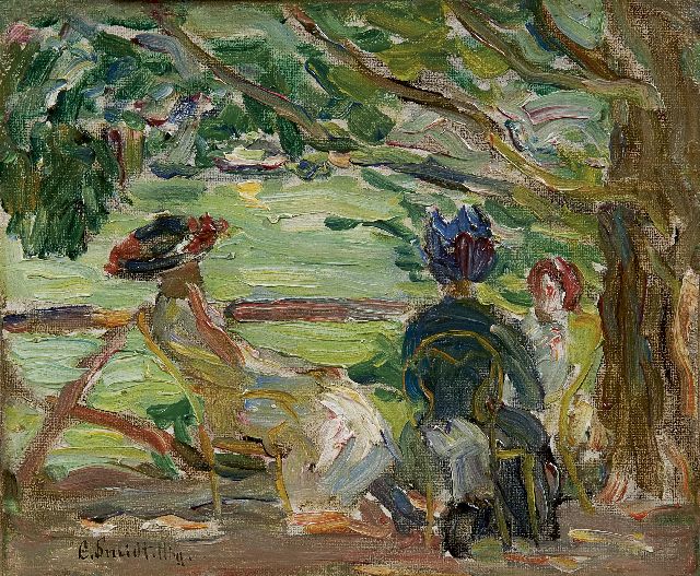 Emil Leonhard Smidt | Zomermiddag in de tuin, olieverf op doek op board, 15,0 x 18,3 cm, gesigneerd l.o.