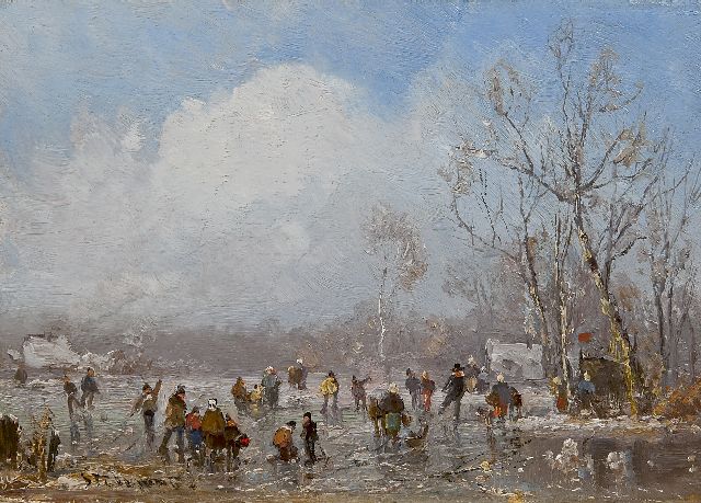 Adolf Stademann | IJsvermaak, olieverf op schildersboard, 17,0 x 23,3 cm, gesigneerd l.o.