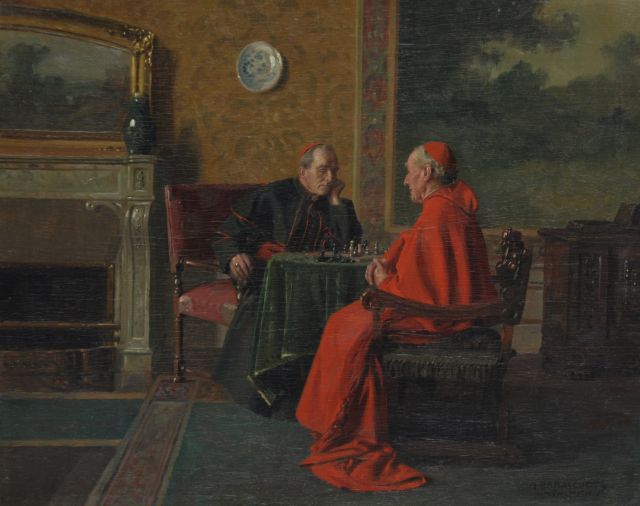 Max Barascudts | De kardinale schaakzet, olieverf op paneel, 40,0 x 50,0 cm, gesigneerd r.o.