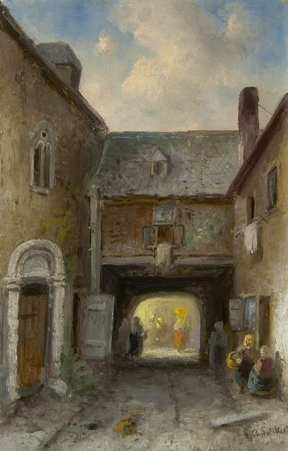 Leickert C.H.J.  | Doorkijkje in een stad, olieverf op paneel 22,7 x 14,6 cm, gesigneerd r.o. en te dateren ca. 1900
