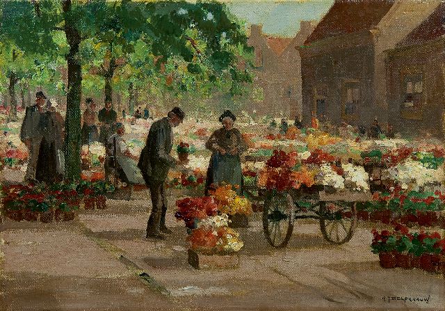 Gerard Delfgaauw | Bloemenmarkt, olieverf op doek, 35,1 x 50,0 cm, gesigneerd r.o.