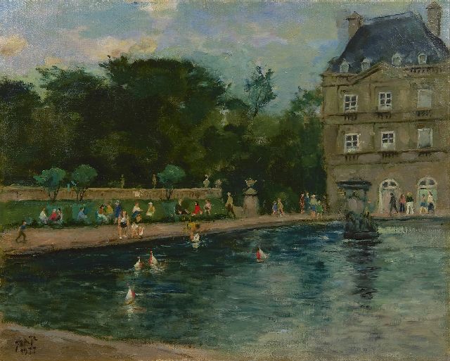 Jan Akkeringa | De vijver in de Jardin du Luxembourg, Parijs, olieverf op doek, 40,0 x 50,1 cm, gesigneerd l.o. met monogram en gedateerd 1977